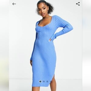Monki Long Sleeve Blue Ribbed Dress